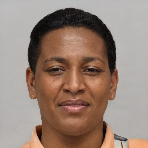 Joyful latino adult female with short  black hair and brown eyes