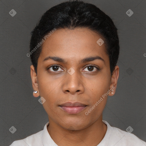 Neutral black young-adult female with short  black hair and brown eyes