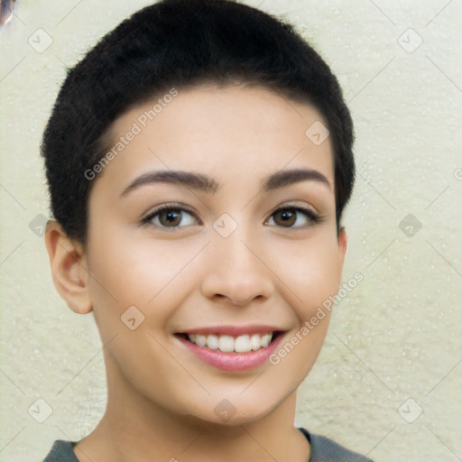 Joyful white young-adult female with short  black hair and brown eyes