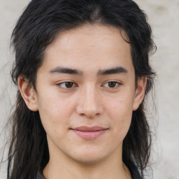 Joyful white young-adult male with medium  brown hair and brown eyes