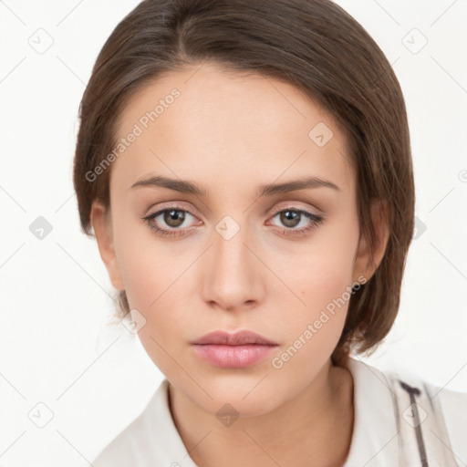 Neutral white young-adult female with medium  brown hair and grey eyes