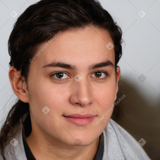 Neutral white young-adult female with medium  brown hair and brown eyes