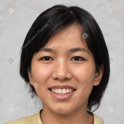 Joyful white young-adult female with medium  black hair and brown eyes