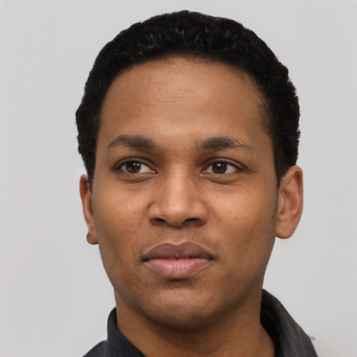 Neutral black young-adult male with short  black hair and brown eyes