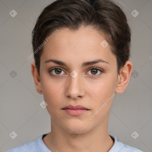 Neutral white young-adult female with short  brown hair and brown eyes