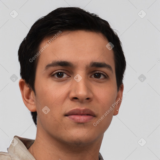 Neutral latino young-adult male with short  brown hair and brown eyes