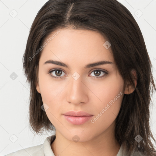 Neutral white young-adult female with medium  brown hair and brown eyes