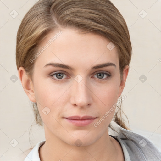 Neutral white young-adult female with medium  brown hair and grey eyes