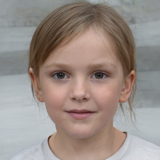 Joyful white child female with medium  brown hair and brown eyes