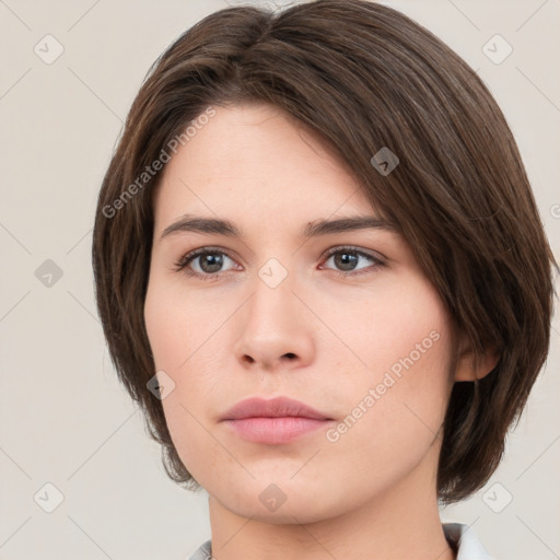 Neutral white young-adult female with medium  brown hair and brown eyes