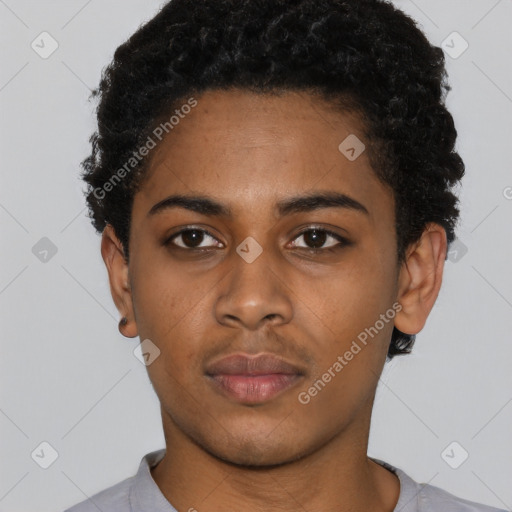 Neutral black young-adult female with short  black hair and brown eyes