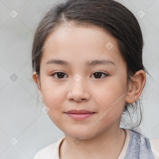 Joyful white child female with medium  brown hair and brown eyes