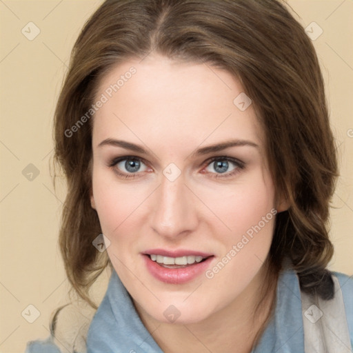 Joyful white young-adult female with medium  brown hair and blue eyes