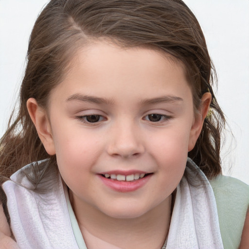 Joyful white child female with medium  brown hair and brown eyes