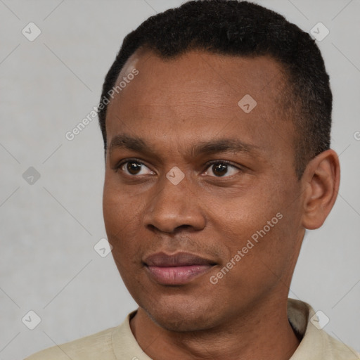 Joyful black young-adult male with short  black hair and brown eyes