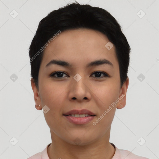 Joyful asian young-adult female with short  black hair and brown eyes