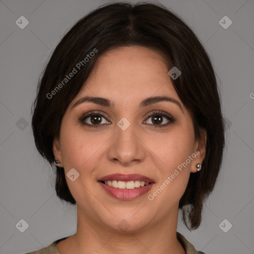 Joyful white young-adult female with medium  brown hair and brown eyes