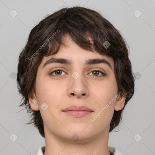 Neutral white young-adult female with medium  brown hair and brown eyes