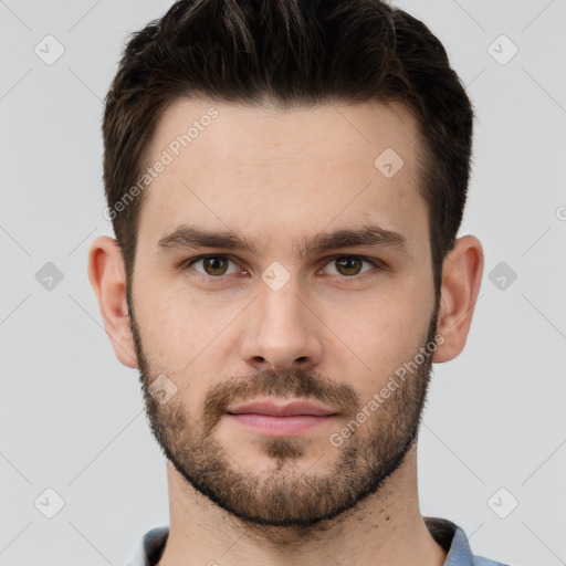 Neutral white young-adult male with short  brown hair and brown eyes