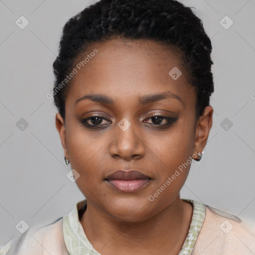 Neutral black young-adult female with short  black hair and brown eyes