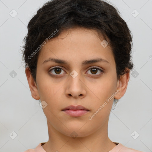 Neutral white young-adult female with short  brown hair and brown eyes