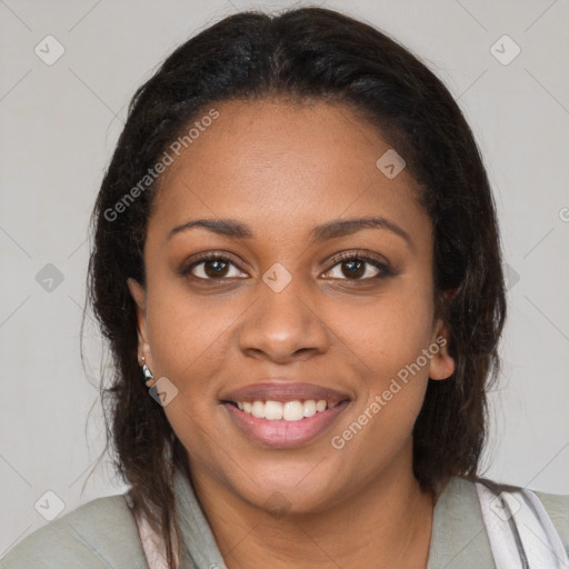 Joyful latino young-adult female with medium  brown hair and brown eyes