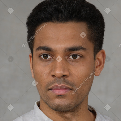 Neutral latino young-adult male with short  black hair and brown eyes