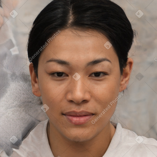 Joyful asian young-adult female with short  brown hair and brown eyes