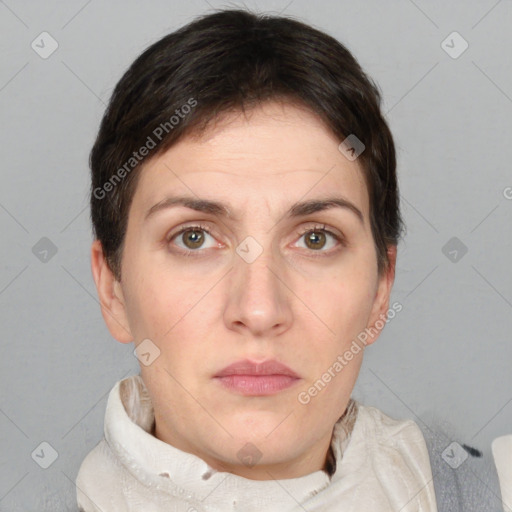 Neutral white young-adult female with short  brown hair and brown eyes