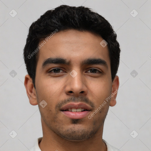 Neutral latino young-adult male with short  black hair and brown eyes