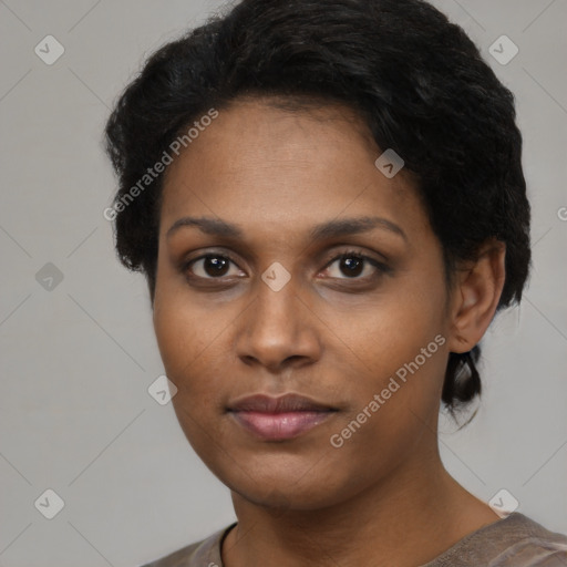 Neutral black young-adult female with short  black hair and brown eyes