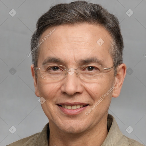 Joyful white middle-aged male with short  brown hair and brown eyes