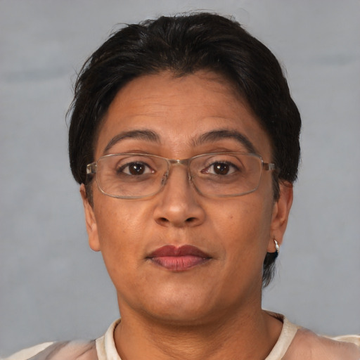 Joyful asian adult female with short  brown hair and brown eyes