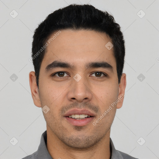 Neutral asian young-adult male with short  black hair and brown eyes