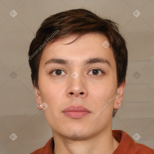 Neutral white young-adult male with short  brown hair and brown eyes