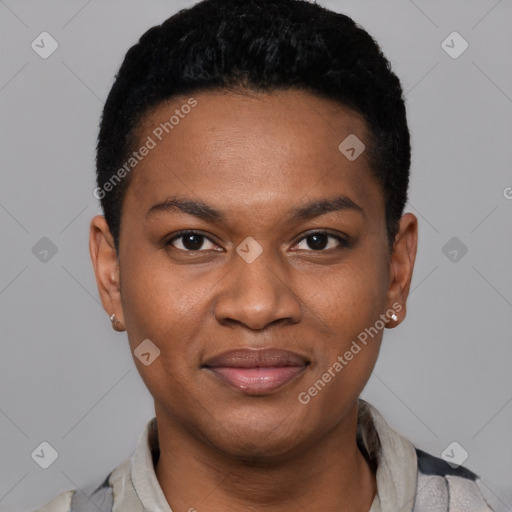 Joyful black young-adult female with short  black hair and brown eyes