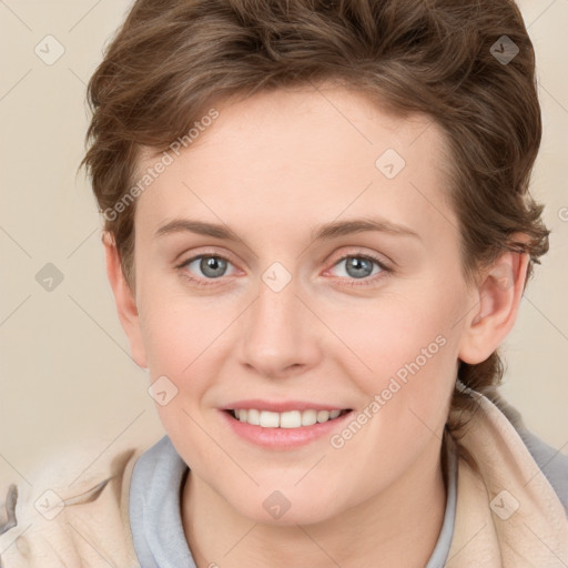 Joyful white young-adult female with medium  brown hair and blue eyes