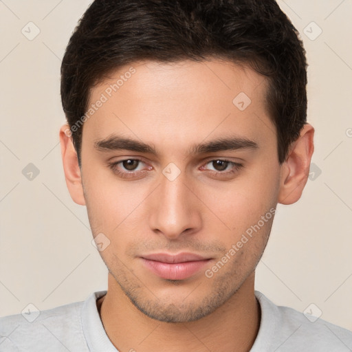 Neutral white young-adult male with short  brown hair and brown eyes