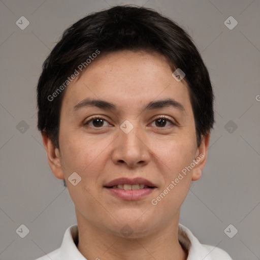 Joyful white young-adult female with short  brown hair and brown eyes