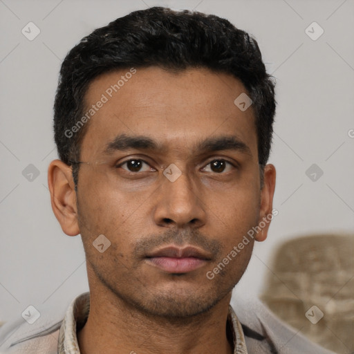 Neutral latino young-adult male with short  black hair and brown eyes