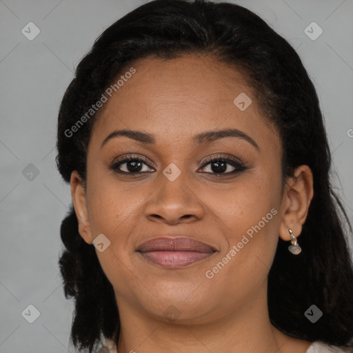 Joyful black young-adult female with medium  brown hair and brown eyes