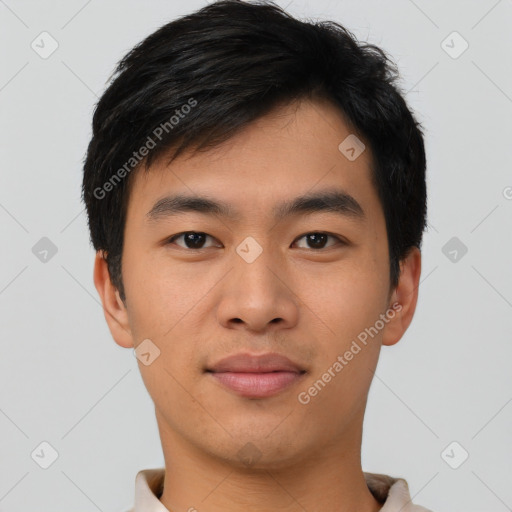 Neutral asian young-adult male with short  black hair and brown eyes