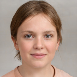 Joyful white child female with medium  brown hair and blue eyes