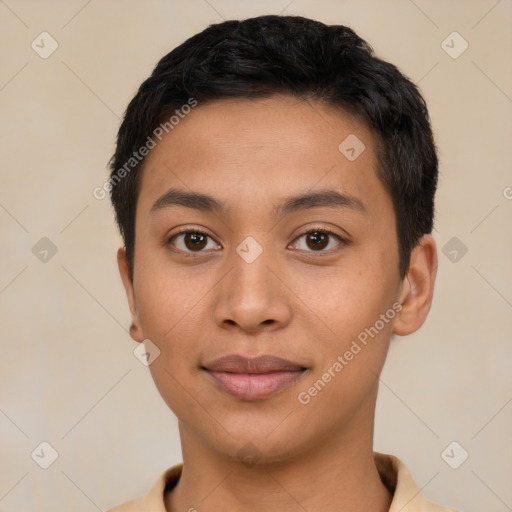 Joyful latino young-adult female with short  black hair and brown eyes