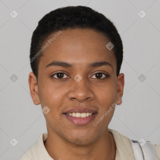 Joyful latino young-adult female with short  brown hair and brown eyes