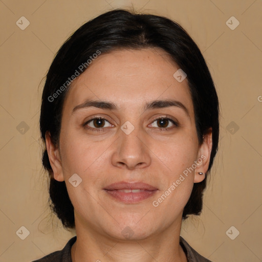 Joyful white young-adult female with medium  brown hair and brown eyes