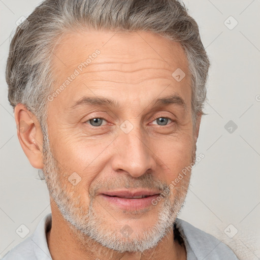 Joyful white middle-aged male with short  brown hair and brown eyes