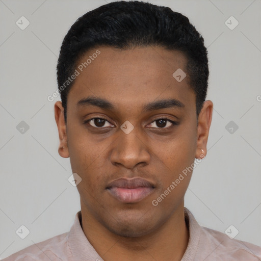 Neutral latino young-adult male with short  black hair and brown eyes