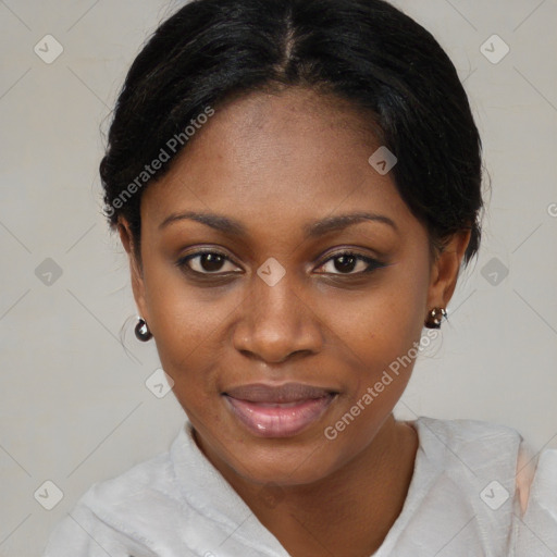 Joyful black young-adult female with medium  brown hair and brown eyes