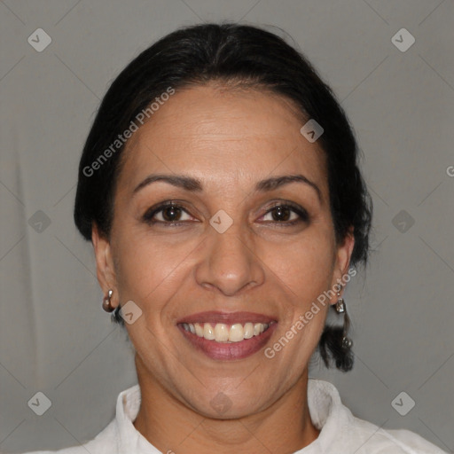 Joyful white adult female with short  brown hair and brown eyes